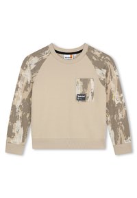 Sweat-shirt beige avec des manches texturées arborant un motif camo. Comprend une poche poitrine avec une étiquette de marque. Poignets et ourlet côtes.