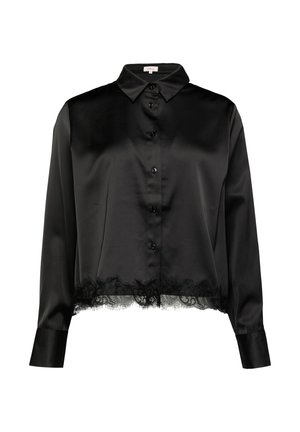 Black satin button-up shirt with long sleeves, featuring a lace trim at the hem and a classic collar design. Smooth texture with button closures.