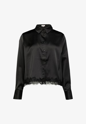 Black satin button-up shirt with long sleeves, featuring a lace trim at the hem and a classic collar design. Smooth texture with button closures.