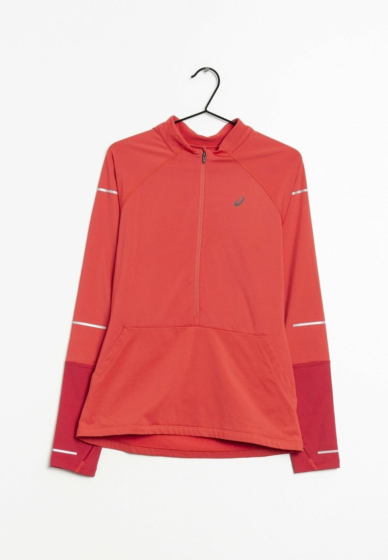 Röd långärmad tröja i mjukt tyg med halvlång dragkedja vid halsen, framficka och reflexband på ärmarna.