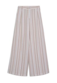 Leichte, beige Hose mit weiter Beinschnitt und weißen vertikalen Streifen. Hat einen gefalteten Vorderteil, einen elastischen Bund und eine lockere Passform.