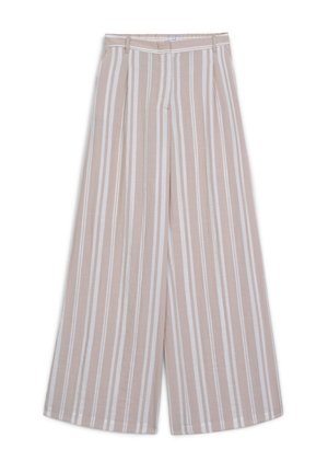 Pantaloni larghi leggeri color beige con righe verticali bianche. Presentano una parte anteriore plissettata, vita elastica e una vestibilità morbida.