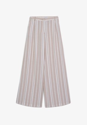 Leichte, beige Hose mit weiter Beinschnitt und weißen vertikalen Streifen. Hat einen gefalteten Vorderteil, einen elastischen Bund und eine lockere Passform.