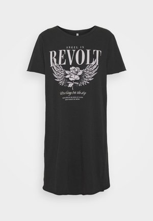 Černé bavlněné šaty ve stylu trička s krátkými rukávy, kulatým výstřihem a grafickým designem s textem a květinovými křídly v bílé barvě.