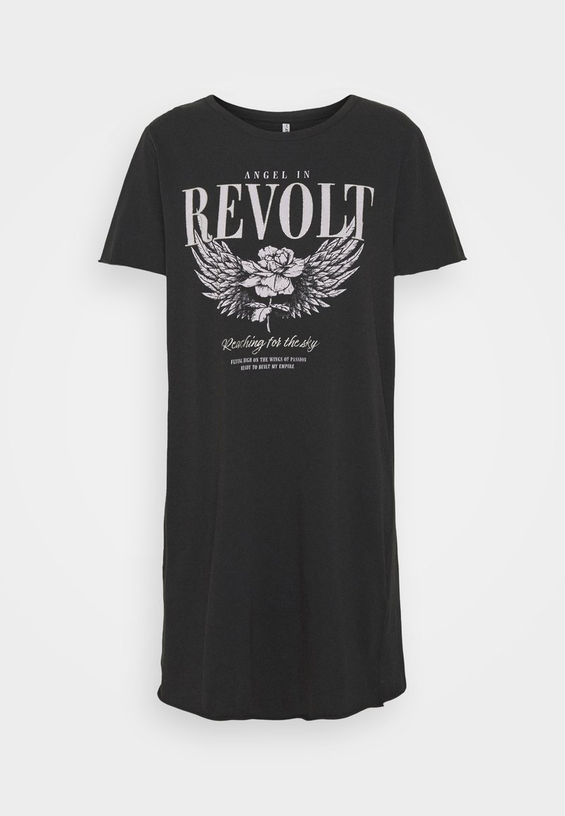 Μαύρο φόρεμα μπλούζας από βαμβάκι με κοντά μανίκια, στρογγυλή λαιμόκοψη και γραφιστικό σχέδιο με κείμενο και λουλουδένια φτερά σε λευκό χρώμα.