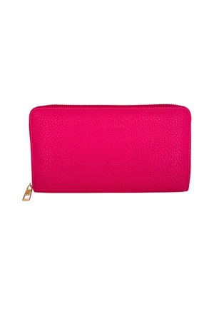 Portafoglio in pelle rosa con texture a pomice, chiusura con zip e accenti in hardware dorato. Forma rettangolare con dettaglio logo impresso.