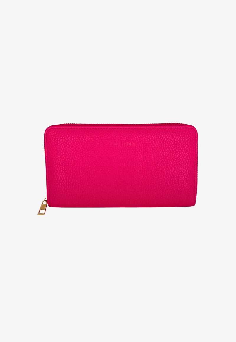 Portafoglio in pelle rosa con texture a pomice, chiusura con zip e accenti in hardware dorato. Forma rettangolare con dettaglio logo impresso.