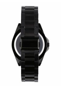 Zwart metalen polshorloge met gesloten sluiting en achterkant van de ronde horlogekast met een geribbelde kroon aan de zijkant.