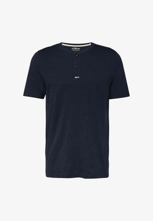 Navy blue short-sleeve Henley shirt with two black buttons and small brand label below neckline.