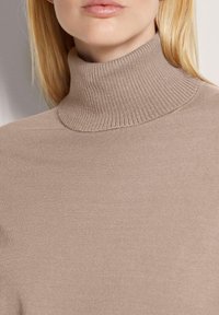 Beige Rollkragenpullover aus weichem Strickmaterial, mit einem gerippten Kragen und glatter Textur, der eng am Hals anliegt.
