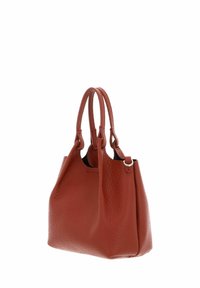 Borsa a tracolla rossa in pelle con superficie testurizzata, due manici resistenti e un accento di tonalità argento. Design con apertura superiore e morbidi plissettature laterali.
