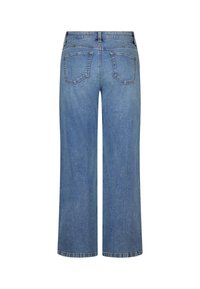 Lichtblauwe, high-waisted jeans met wijde pijpen. Voorzien van twee achterzakken, een strak ontwerp en een denim textuur met zichtbare stiksels.