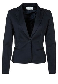 Navy blue blazer with a single button, notched lapels, and two front pockets. Made of smooth fabric with a fitted silhouette.