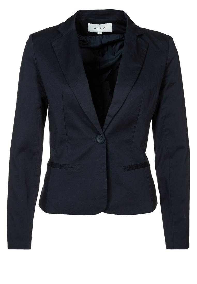 Navy blue blazer with a single button, notched lapels, and two front pockets. Made of smooth fabric with a fitted silhouette.