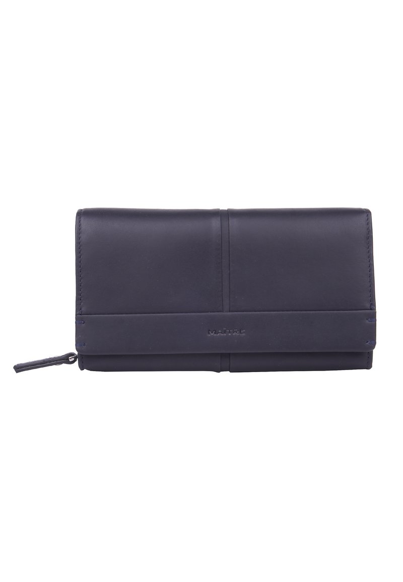 Portefeuille en cuir marine au toucher lisse, design pliable et poche zippée. Présente un branding subtil à l'avant.