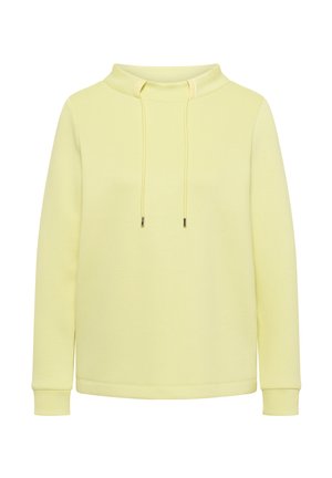 Sweat-shirt jaune clair à manches longues avec un col montant et des cordons de serrage, poignets côtelés et un ourlet droit sur un fond blanc.