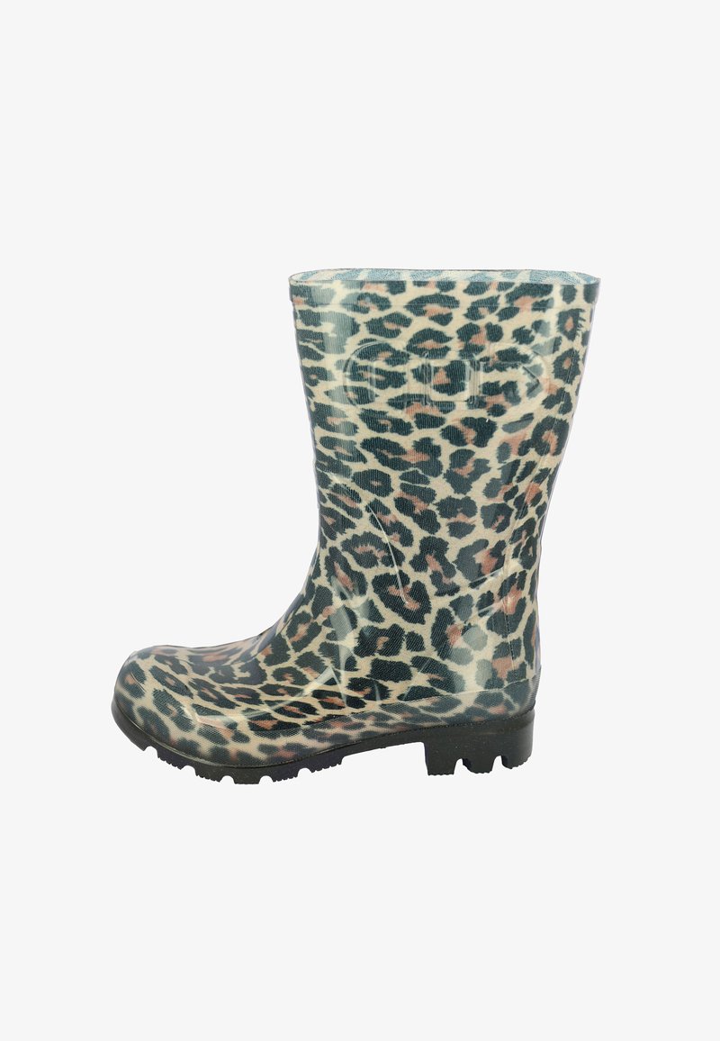 Mid-height rubber rain boot with black, brown, and beige leopard print pattern and textured sole.