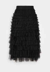 Black tulle skirt with multiple ruffled layers, featuring a fitted waistband and a sheer texture. Length extends to mid-calf.