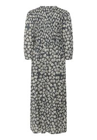 Maxikleid aus dunkelblauem Stoff mit weißem Blumenmuster, langen Puffärmeln, rundem Halsausschnitt und einer gerafften Brustpartie für eine figurbetonte Silhouette.
