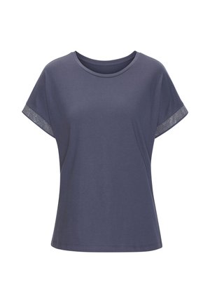 T-shirt a maniche corte di colore blu navy realizzata in tessuto morbido, con dettagli in pannello a rete sulle maniche e scollatura arrotondata.