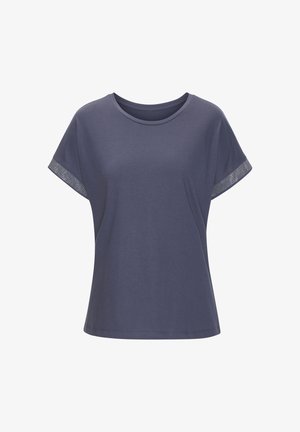 T-shirt a maniche corte di colore blu navy realizzata in tessuto morbido, con dettagli in pannello a rete sulle maniche e scollatura arrotondata.