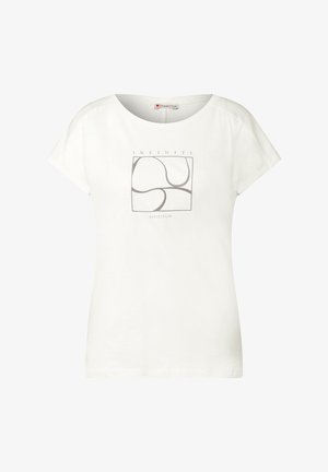 Witte t-shirt met korte mouwen van zachte katoen en een ronde halslijn; voorzien van een grijs geometrisch ontwerp en de tekst "INFINITE REFLECTION."