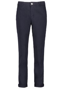 Navy blue chinos with a straight fit, made of cotton blend material. Features a front button closure and rolled cuffs at the hem.