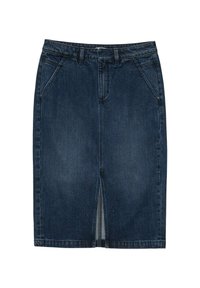 Falda lápiz de mezclilla oscura con abertura frontal, con dos bolsillos delanteros y cinturilla con trabillas, textura suave y diseño clásico.