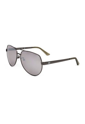 Occhiali da sole aviator in metallo nero con lenti tinta grigio e aste grigie con un piccolo logo bianco sul lato.