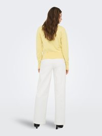 Geel gebreide trui met lange mouwen, gecombineerd met witte broek met wijde pijpen en zwarte hooggehakte schoenen. Model gezien vanaf de achterkant.