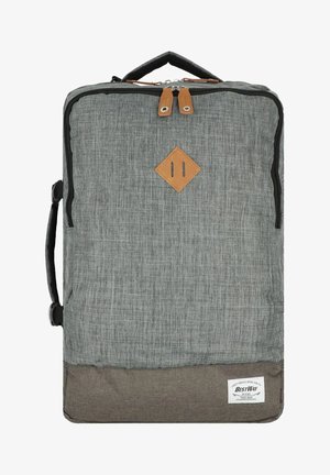 Grijze textielen rugzak met een gladde oppervlakte, voorzien van een tan leren diamante accent, dubbele ritsen en een geweven label aan de onderkant.
