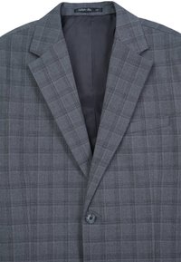 Blazer grigio a quadri con chiusura a due bottoni, revers a punta e fodera interna liscia. Realizzato in tessuto testurizzato con un motivo sottile.