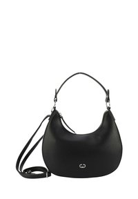 Borsa a tracolla in pelle nera con una forma arrotondata, superficie strutturata, hardware argentato e tracolla removibile. Dettaglio del logo in evidenza.