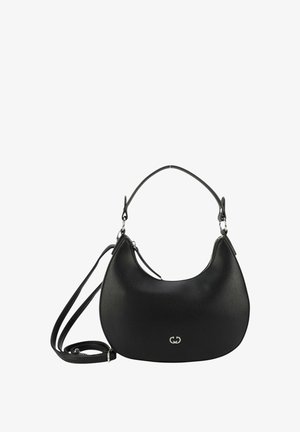 Black leather shoulder bag with a rounded shape, textured surface, silver hardware, and a removable shoulder strap. Logo detail featured.