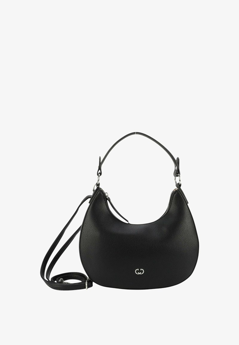 Borsa a tracolla in pelle nera con una forma arrotondata, superficie strutturata, hardware argentato e tracolla removibile. Dettaglio del logo in evidenza.