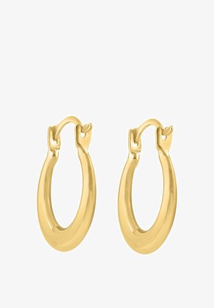 Ohrringe in Goldoptik mit einer glatten, glänzenden Oberfläche, die eine abgerundete ovale Form und ein dezentes Scharnierverschluss-Design aufweisen.