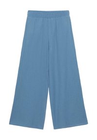 Svijetloplave hlače širokih nogavica s elastičnim pojasom, izrađene od teksturiranog, laganog materijala za udoban kroj.