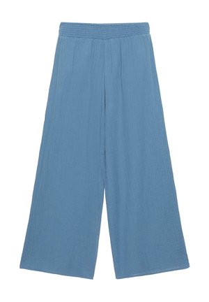 Világoskék bőszárú nadrág elasztikus derékrésszel, texturált, könnyű anyagból, kényelmes illeszkedésért.