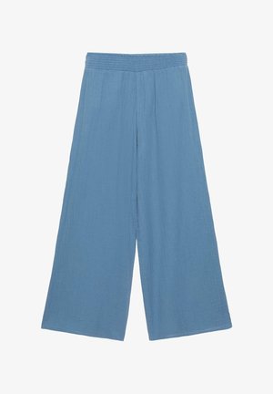 Pantalon large bleu clair avec taille élastique, fabriqué en tissu texturé et léger pour une coupe décontractée.