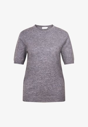 Szary sweter z krótkim rękawem wykonany z miękkiej dzianiny. Posiada okrągły dekolt i ściągacz na dole. Prosty, klasyczny design odpowiedni do różnych stylów.