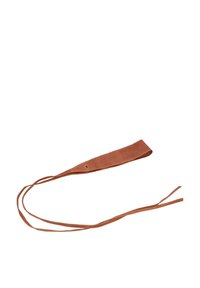 Brown leather strap with a smooth texture, featuring a narrow rectangular shape and two long thin ends for tying or securing.