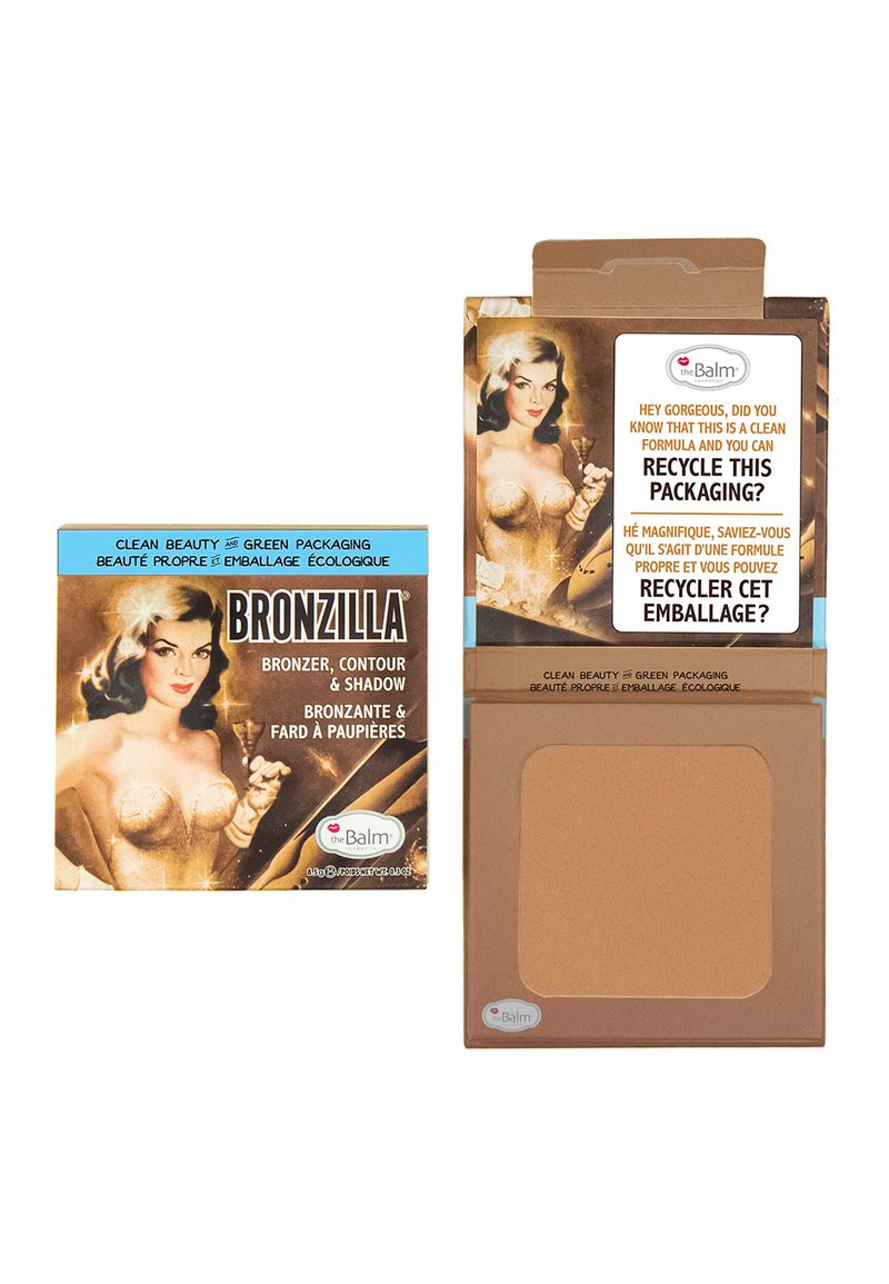 Emballage du bronzer, contour et ombre Bronzilla avec une femme vintage, beauté propre, emballage vert et informations sur le recyclage en anglais et en français.