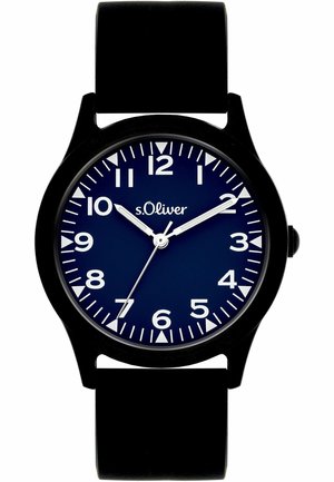 Sort armbåndsur med blå urskive, hvide timeindeks og visere, der viser klokken 10:10:37, med "s.Oliver"-logo under klokken 12.