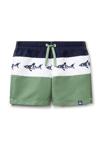 Pantaloni da nuoto con sezioni verde, bianco e navy, decorati con un motivo di pesci e il testo "Benetton". Presentano una vita regolabile con cordoncino e dettagli laterali.