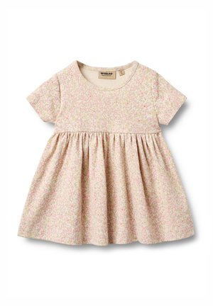 Vestito a maniche corte in tessuto morbido e leggero con stampa floreale rosa, scollo rotondo e gonna arricciata per una forma svasata.