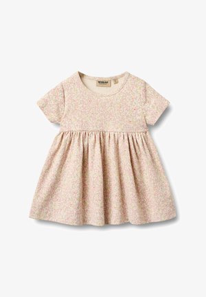Kurzärmeliges Kleid aus weichem, leichtem Stoff mit rosa Blumenmuster, rundem Ausschnitt und gerafftem Rock für eine ausgestellte Form.