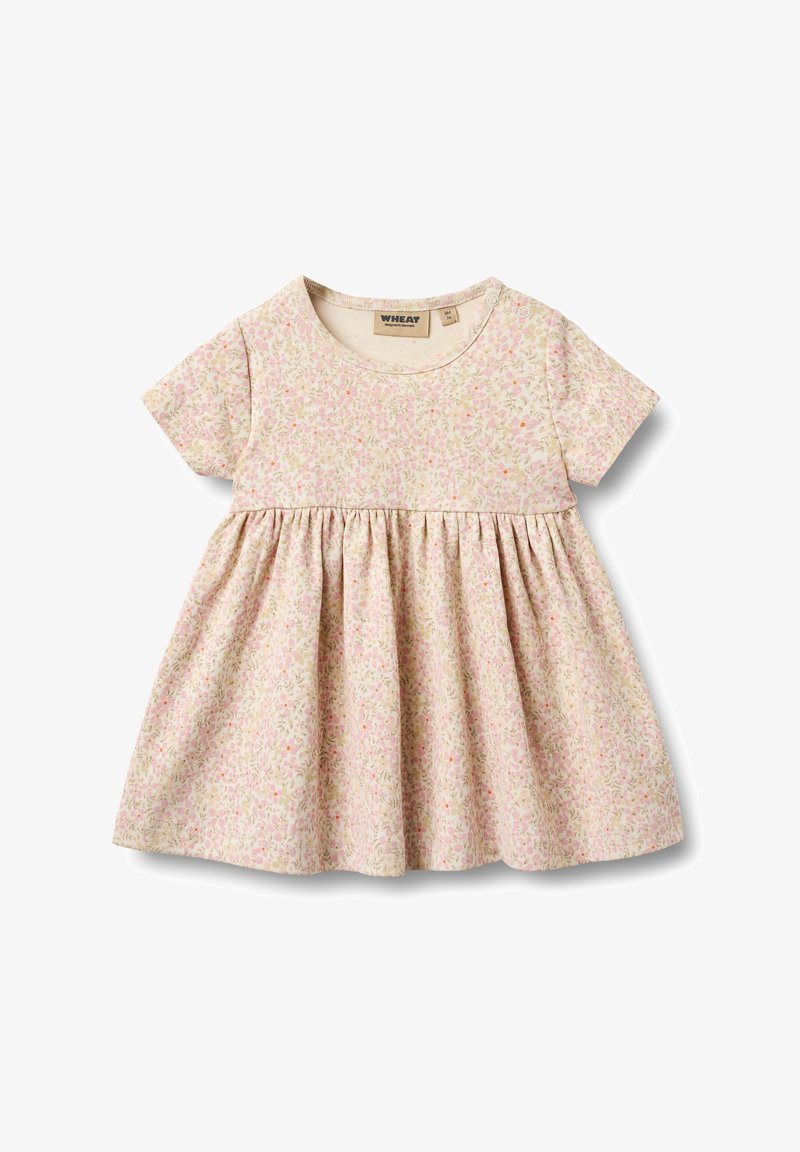 Kortærmet kjole i blødt, let materiale med lyserødt blomsterprint, rund halsudskæring og samlet nederdel for en vid udformning.