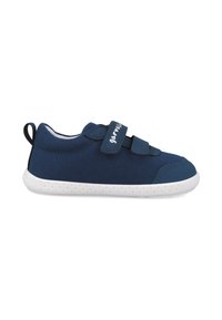 Zapatillas infantiles de color azul marino con parte superior de tela texturizada, suela de goma blanca y dos correas de velcro ajustables para un ajuste seguro.