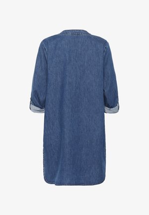 Denim-Tunika-Shirt, mittelblau, lange Ärmel mit aufgeschlagenen Bündchen, gerader Saum, zwei Seitentaschen, weiche Textur, klassisches Kragen-Design.