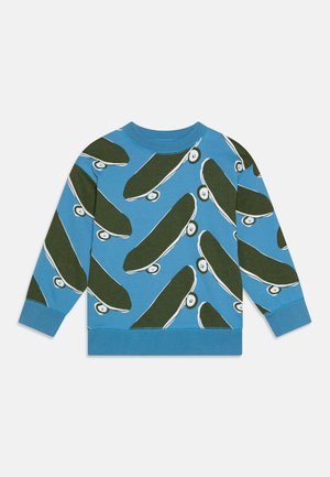Blue sweatshirt featuring a pattern of green skateboards with white outlines and wheels. Ribbed neckline and cuffs, soft cotton material.